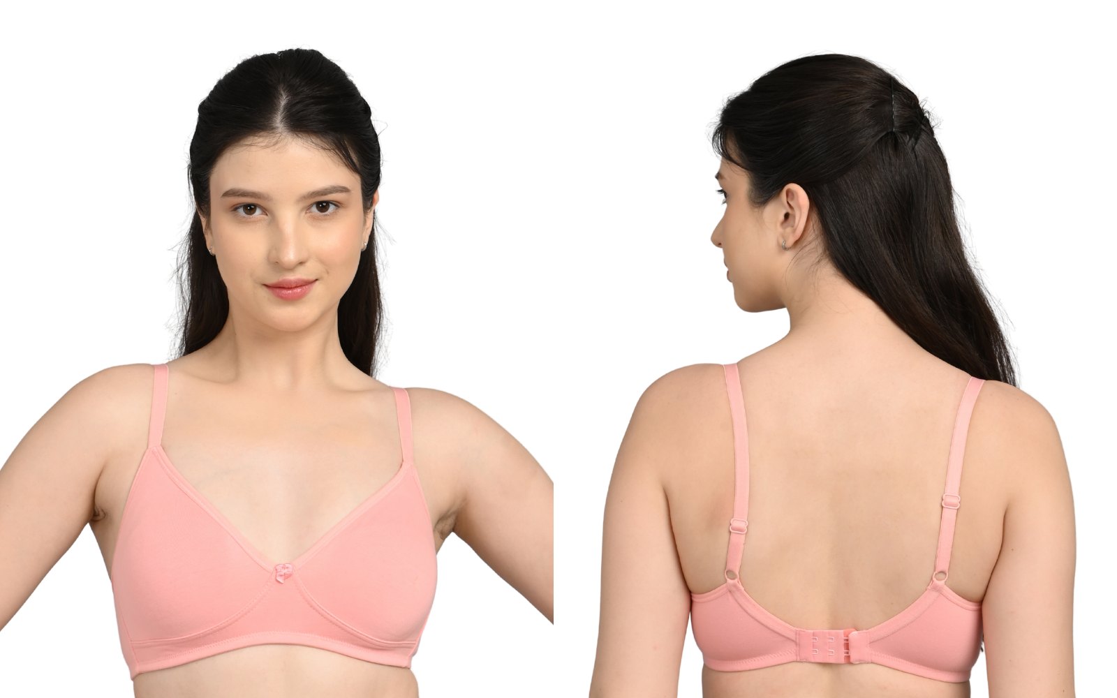 Front and back of a baby pink full coverage non-padded cotton bra, with the band sitting level across the back