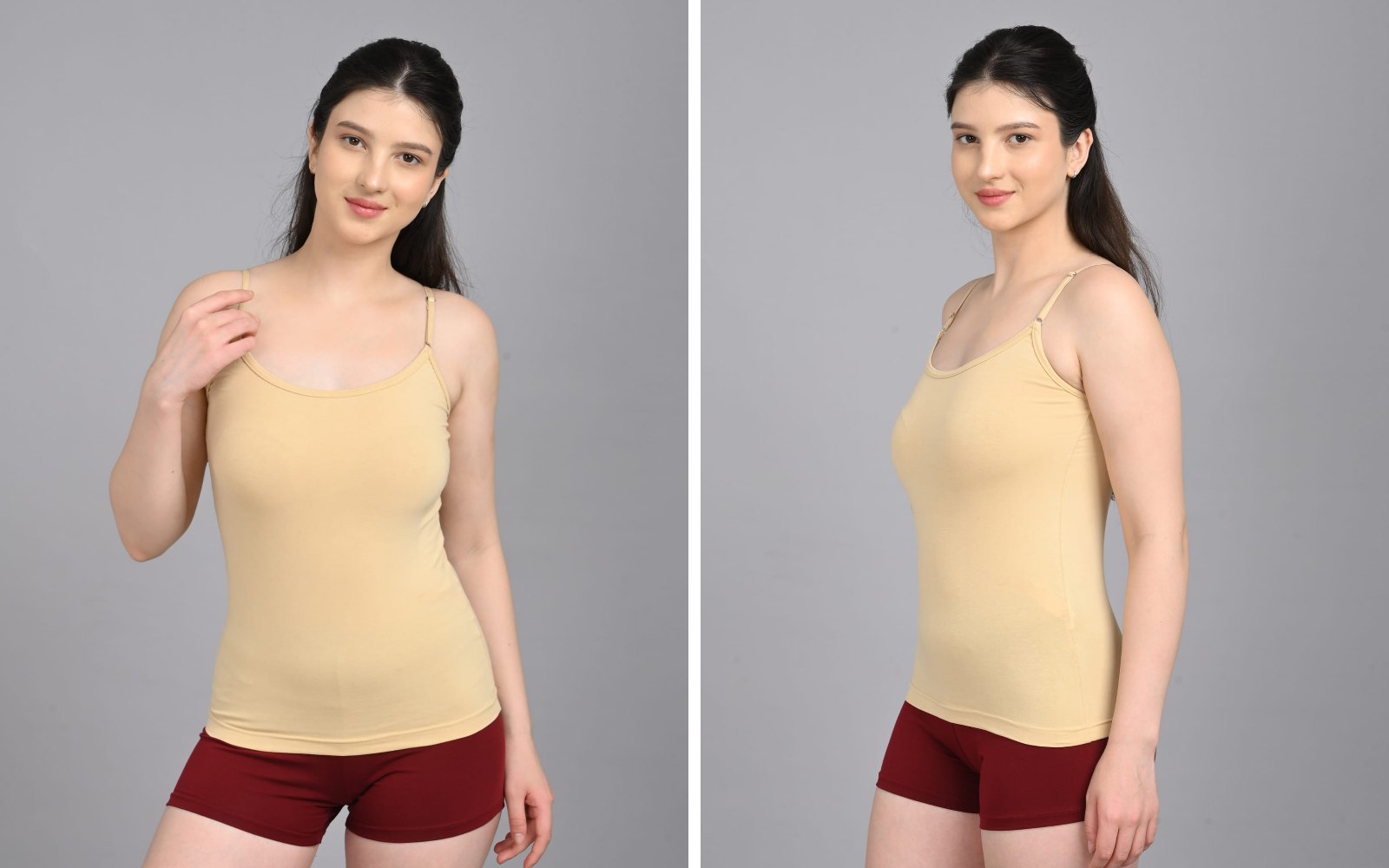 Front and side of a beige cotton camisole with adjustable straps