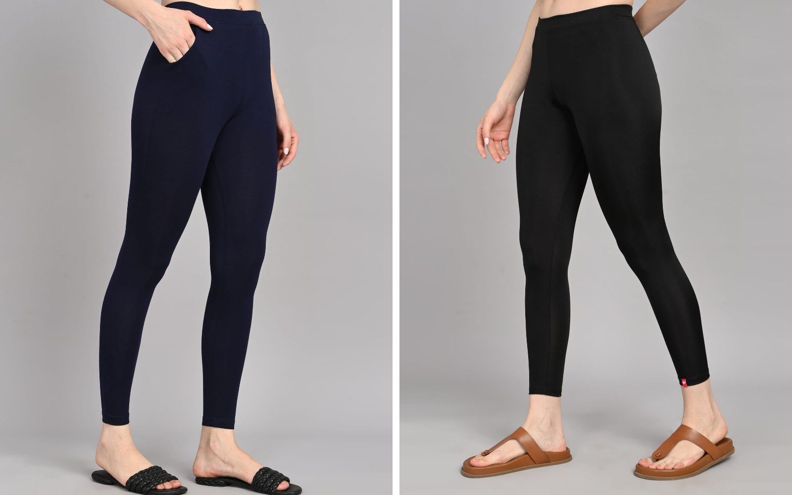 Navy ankle-length leggings beside black shimmer leggings, both worn with sandals
