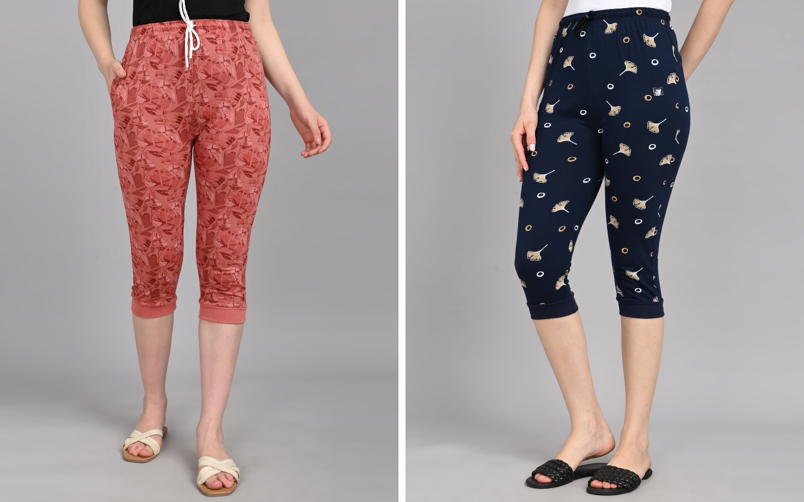 Coral and navy printed capri shorts with drawstring waists, worn with flat sandals