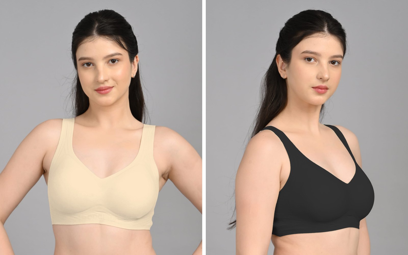 A seamless padded bra in beige and in black, with smooth moulded cups and no seams